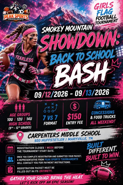 Smokey Mountain Showdown Back to School Bash girls flag football tournament flyer, September 12 to 13, 2026